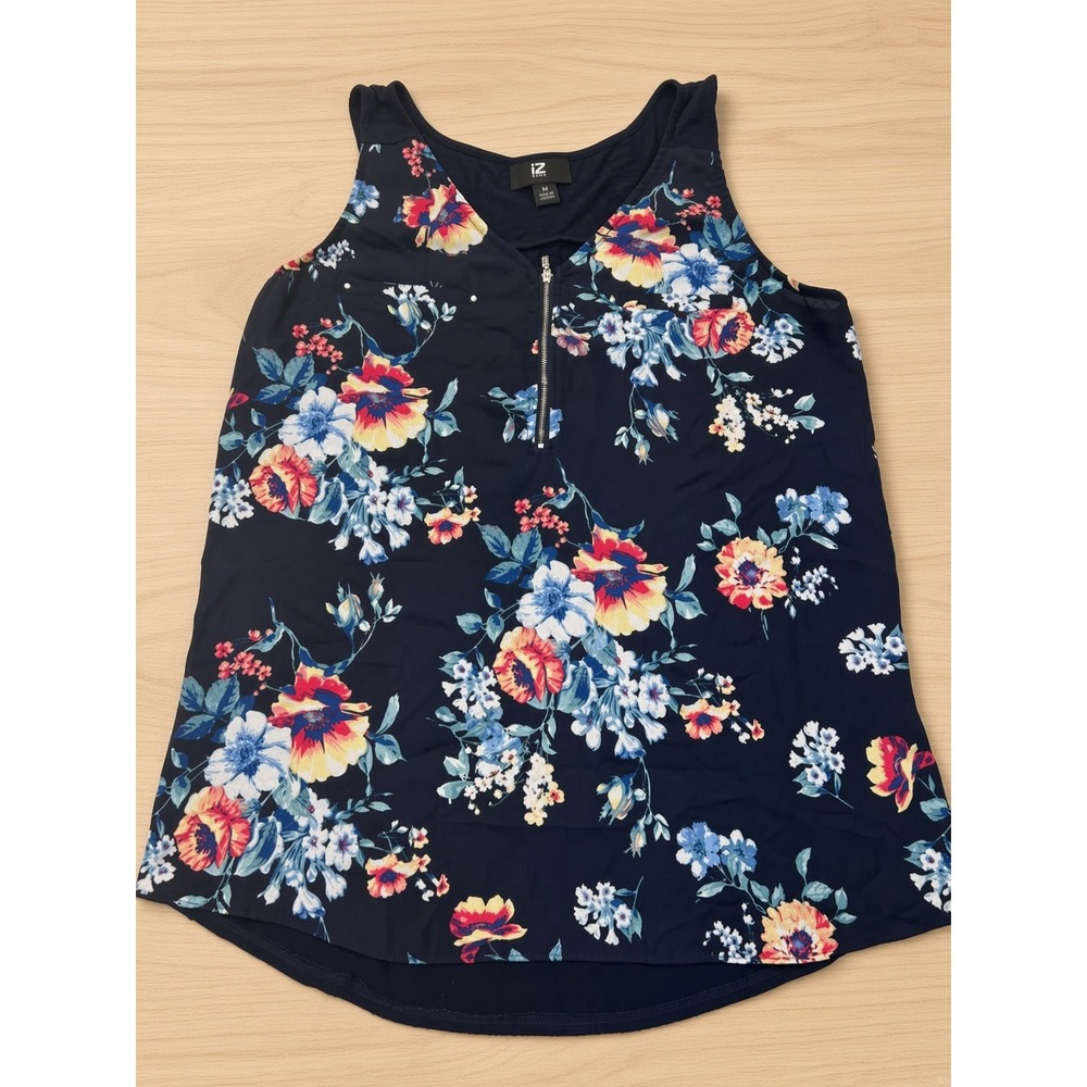 IZ Byer Womens Navy Blue Floral Sleeveless Half Zip Blouse Top Medium